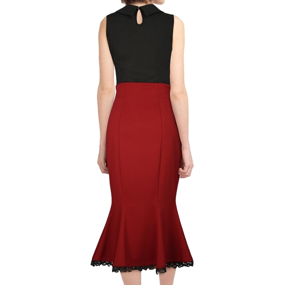 Deep red, satin-look, low sitting mermaid, pencil, knee length skirt AU 8-10 - Picture 3 of 11